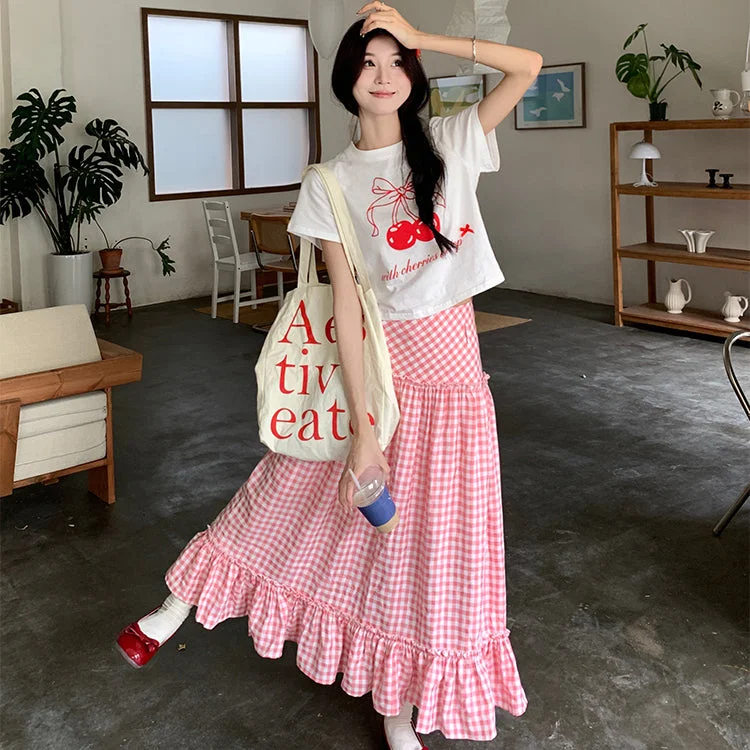 Women's Kawaii Cherry Printed T-shirt with Ruffled Plaid Skirt