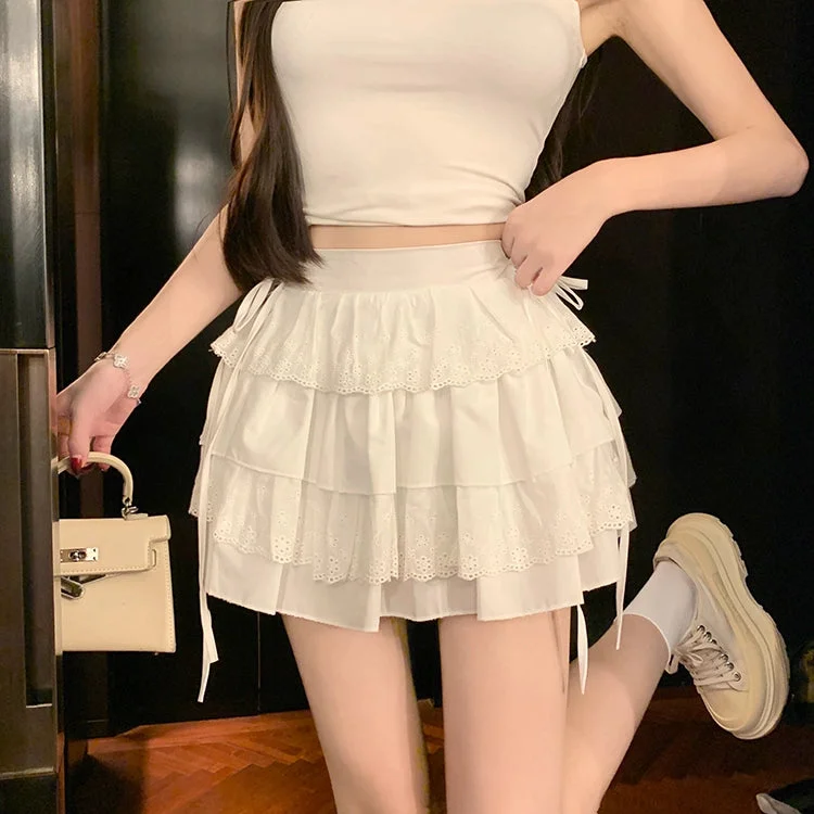 Women's Kawaii Lace Splice Layered Lace-up Skirt