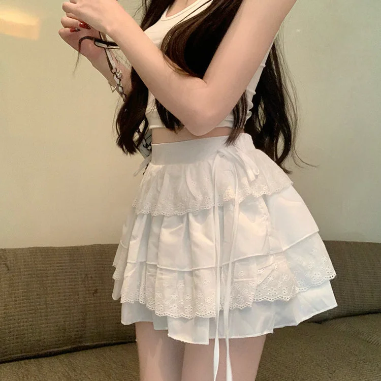 Women's Kawaii Lace Splice Layered Lace-up Skirt