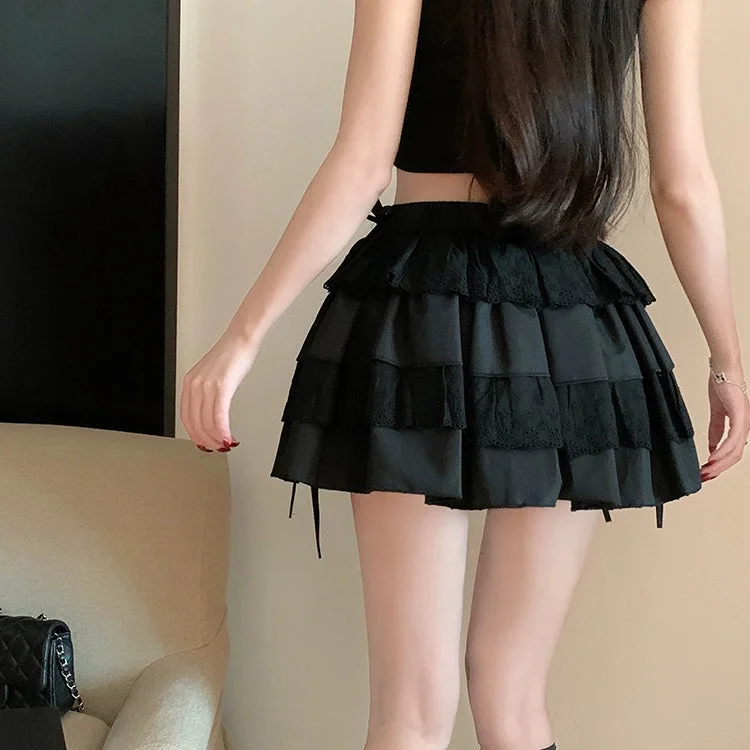 Women's Kawaii Lace Splice Layered Lace-up Skirt