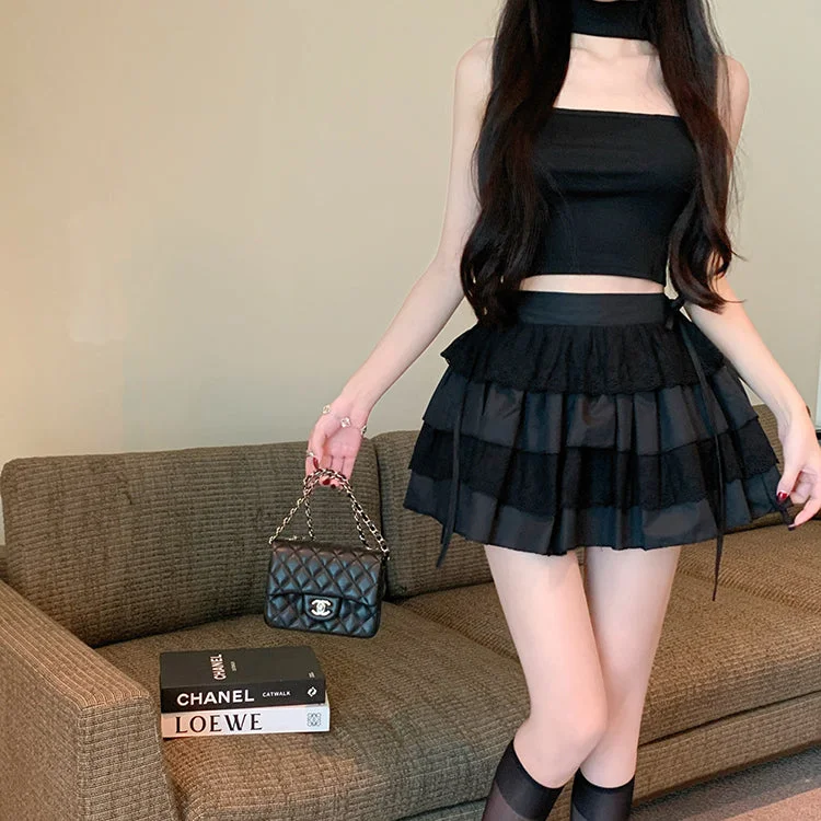 Women's Kawaii Lace Splice Layered Lace-up Skirt