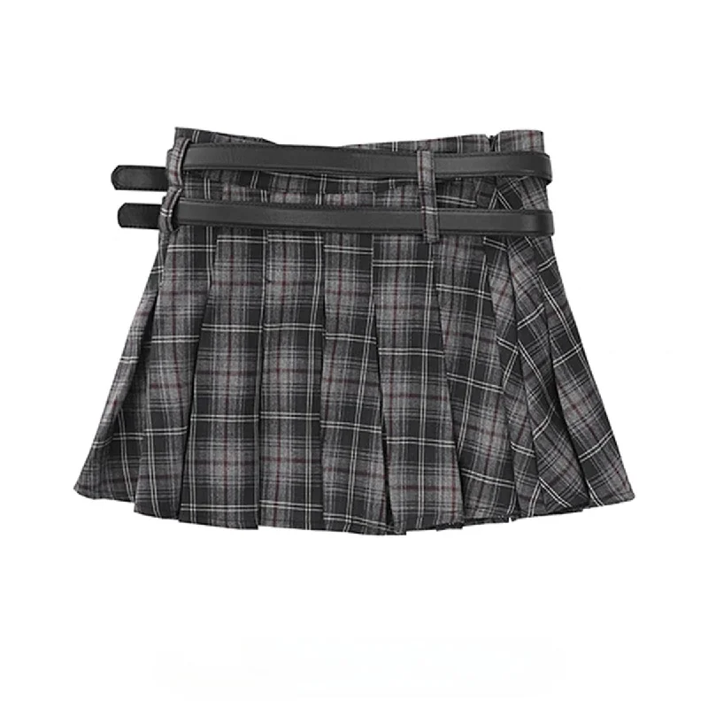 Women's Korean Style Plaid Pleated Skirt with Double Belts