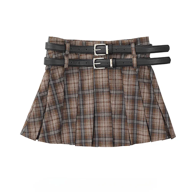 Women's Korean Style Plaid Pleated Skirt with Double Belts