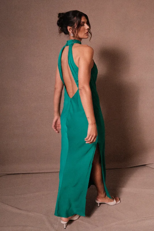 Claire Satin Drape Back Maxi Dress with Split - Green