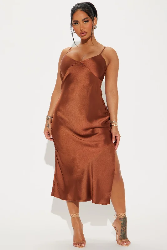 Draped in Satin Midi Dress - Chocolate