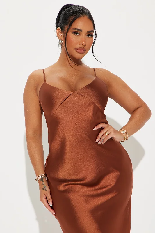 Draped in Satin Midi Dress - Chocolate