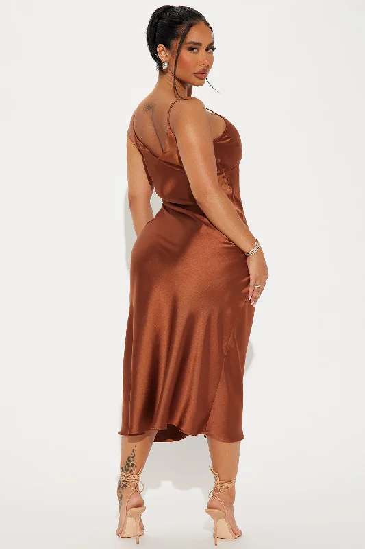 Draped in Satin Midi Dress - Chocolate