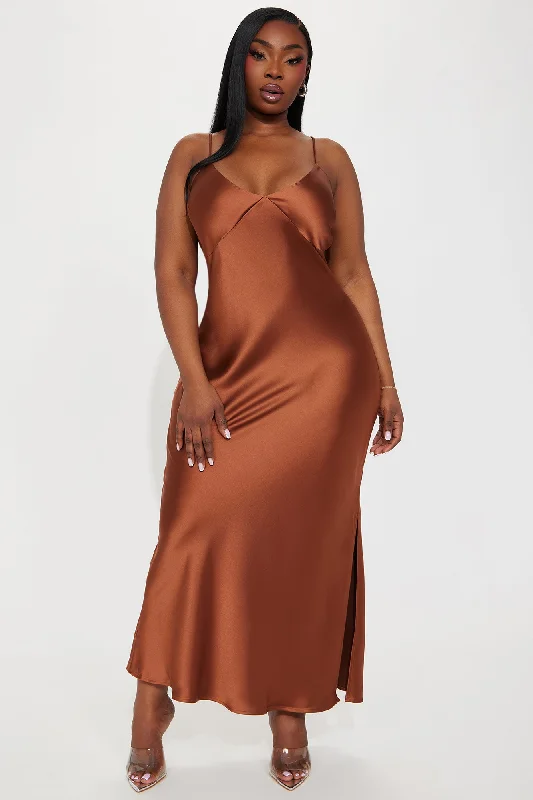 Draped in Satin Midi Dress - Chocolate