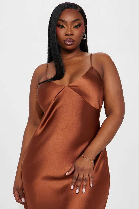 Draped in Satin Midi Dress - Chocolate