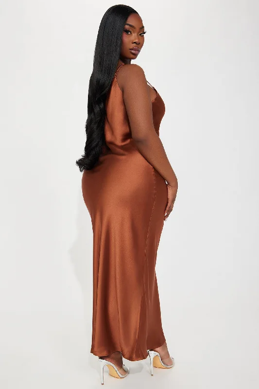 Draped in Satin Midi Dress - Chocolate