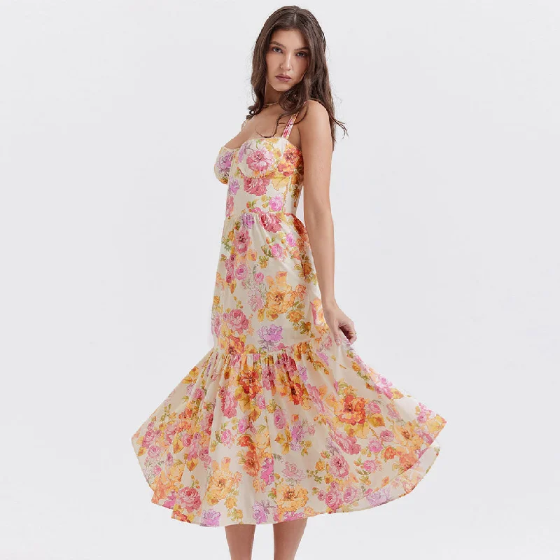 Feminine Floral Print Sweetheart Suspender Strap Fit and Flare Midi Sundress