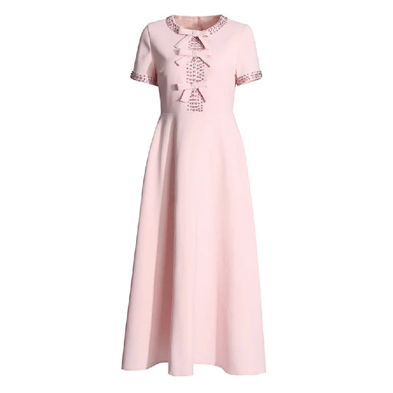 Feminine Rhinestone Round Neck Short Sleeve Bow Trim Crepe Midi Dress