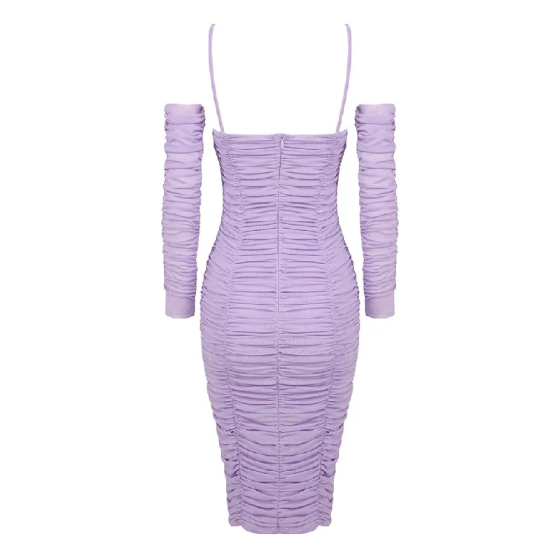 Feminine Spaghetti Strap Cutout Ruched Mesh Bodycon Rosette Midi Dress