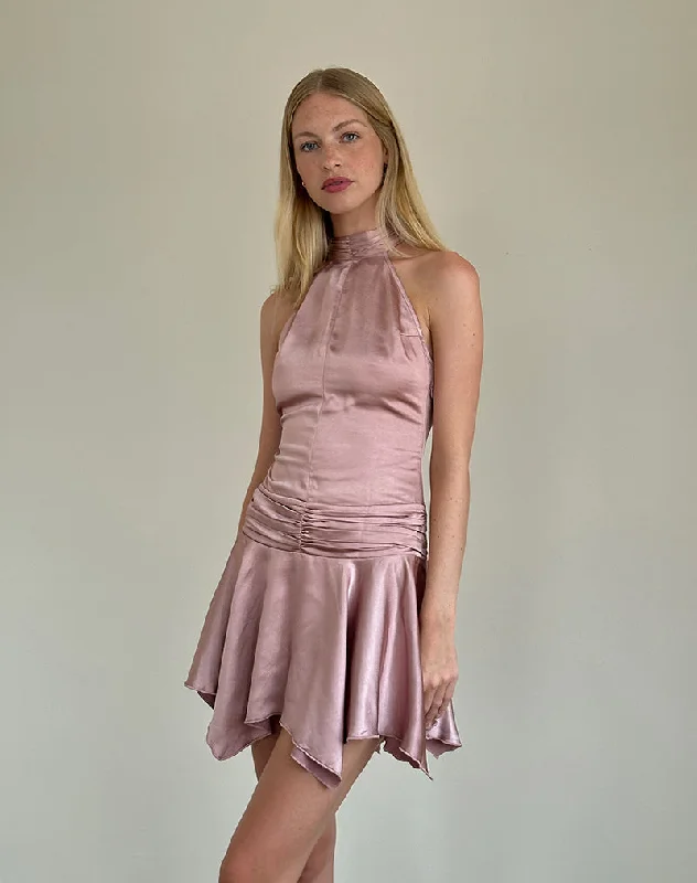 Hydri Satin Halterneck Mini Dress in Baby Pink