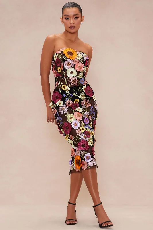 Kelli Floral Embroidered Midi Dress - Black/combo