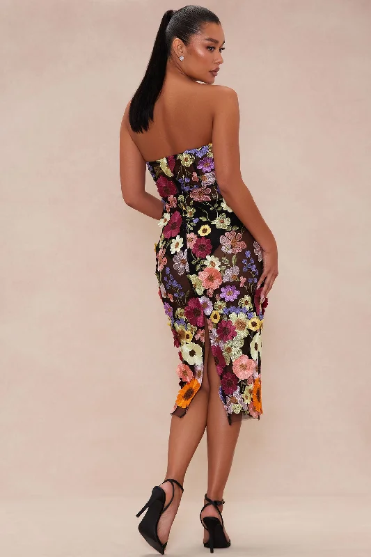 Kelli Floral Embroidered Midi Dress - Black/combo