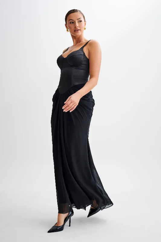 Leila Satin Corset Maxi Dress - Black