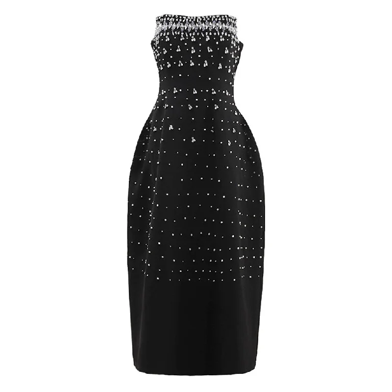 Luxury Rhinestone Pearl Applique Strapless Corset Cocktail Midi Tulip Dress