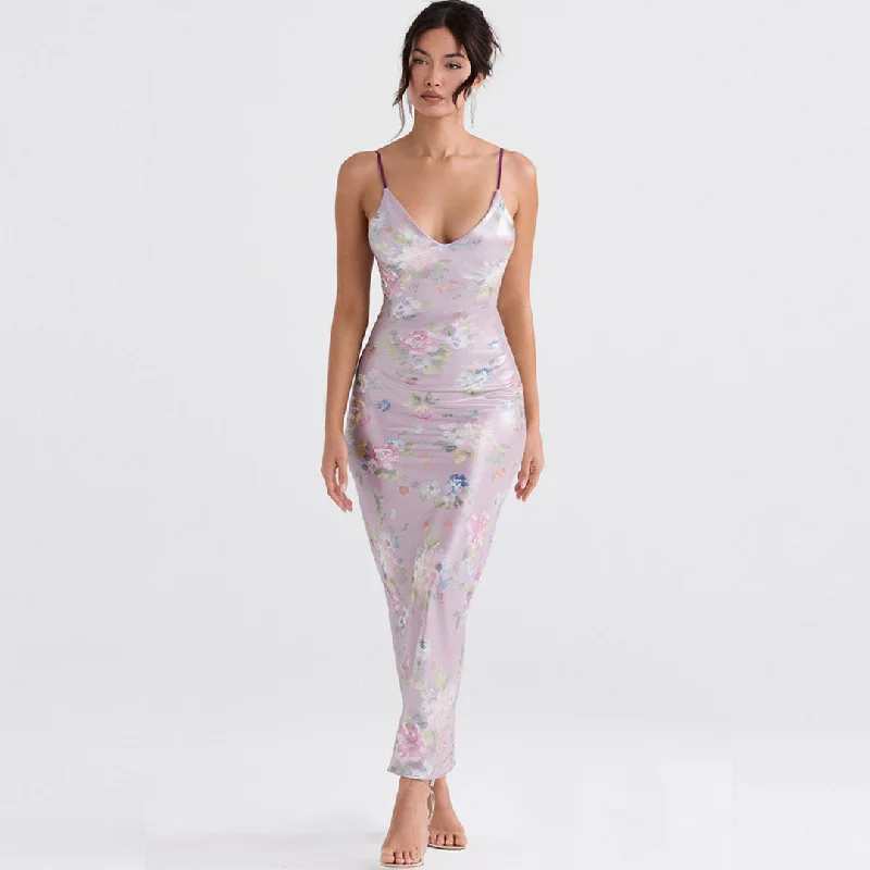 Flower Print V Neck Sleeveless Bodycon Maxi Dress - Pink