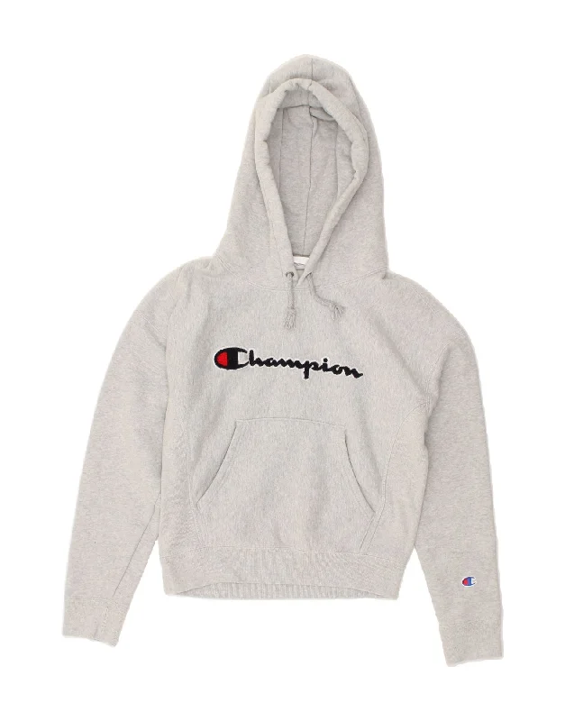 CHAMPION Womens Crop Graphic Hoodie Jumper UK 6 XS Grey Cotton Cropped sweaters