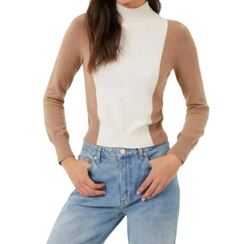 Libby Color Block Jumper Top In Camel/oat Silk-blend sweaters