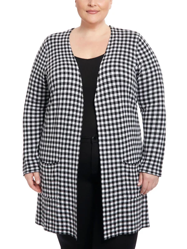 Plus Womens Checkered Open Front Duster Sweater Best sweaters for cozy nights