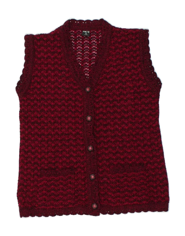 VINTAGE Womens Sleeveless Cardigan Sweater UK 10 Small Maroon Striped Winter sweaters VINTAGE Womens Sleeveless Cardigan Sweater UK 10 Small Maroon Striped Winter sweaters