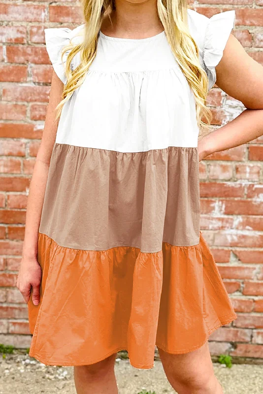 Apricot Colorblock Patchwork Ruffled Cap Sleeve Tiered Dress Velvet mini dresses