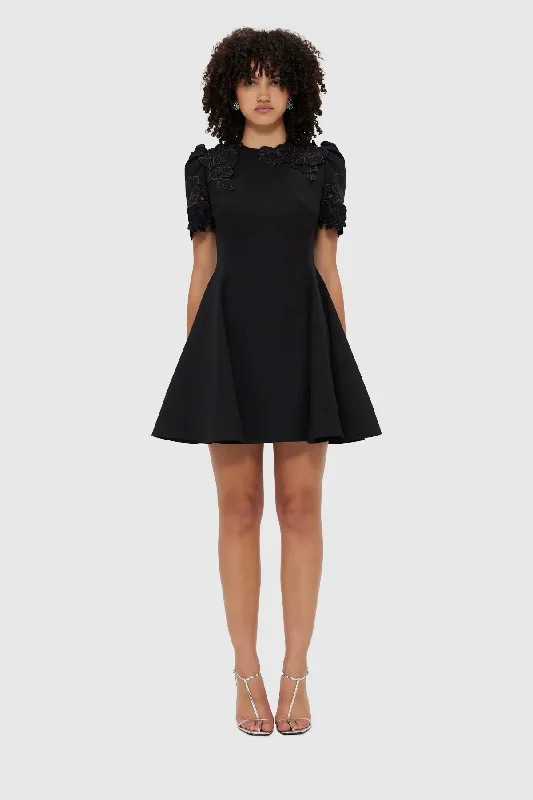 Leo Lin Elyse Appliqué Short Sleeve Mini Dress - Ebony Satin mini dresses