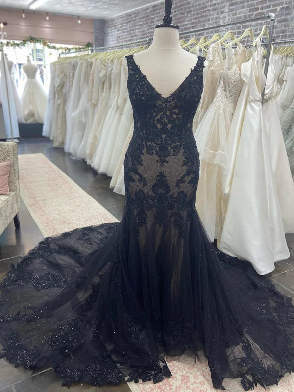 DingJiDress Black Straps V-neck Mermaid Wedding Dress With Beads Lace Lace Wedding Dress DingJiDress Black Straps V-neck Mermaid Wedding Dress With Beads Lace Lace Wedding Dress