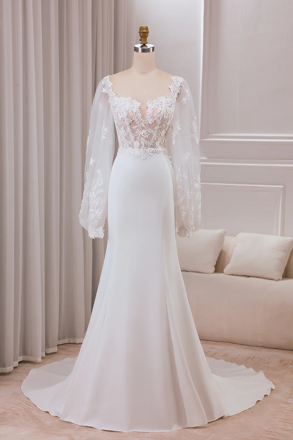 DingJiDress Ivory Lace Sweetheart Neck Long Sleeves Mermaid Wedding Dress with Sweep Train Chic Lace Dress DingJiDress Ivory Lace Sweetheart Neck Long Sleeves Mermaid Wedding Dress with Sweep Train Chic Lace Dress