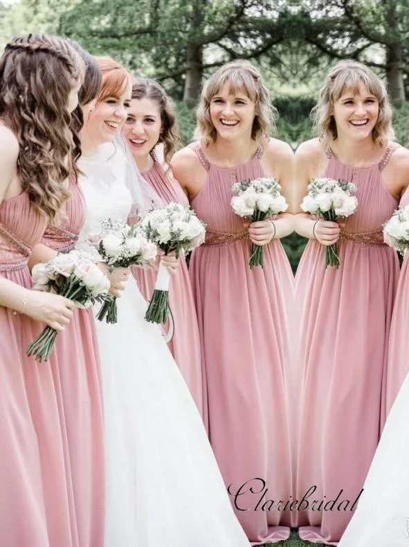 Dusty Rose A-line Beaded Chiffon Long Bridesmaid Dresses Minimalist maxi dresses