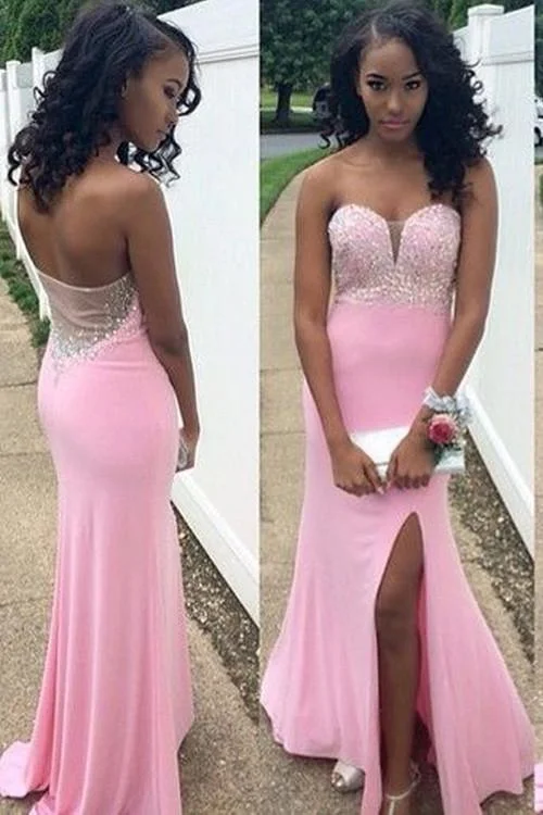 pink prom dress, long prom dress, side slit prom dress, strapless prom dress, charming evening gown, BD49 Strapless maxi dresses