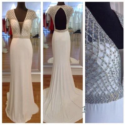 white prom dress, long prom dress, cap sleeves prom dress, open back prom dress, mermaid evening dress, BD35 Best maxi dresses for date night