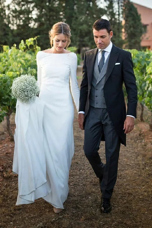 Classic White Bateau Long Sleevess Simple Wedding Dress Beautiful Bridal Gown