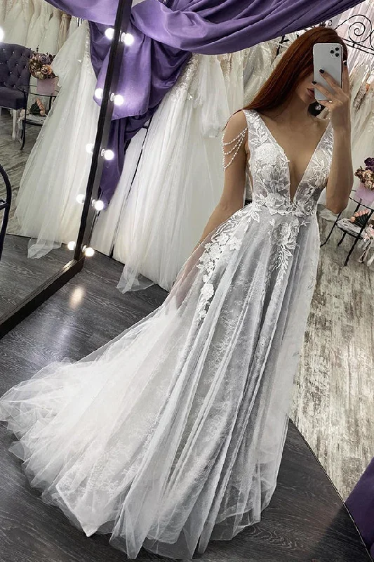 Modern V Neck Sleeveless Aline Wedding Dress Floral Lace Bridal Dress Sleek Wedding Dress Modern V Neck Sleeveless Aline Wedding Dress Floral Lace Bridal Dress Sleek Wedding Dress