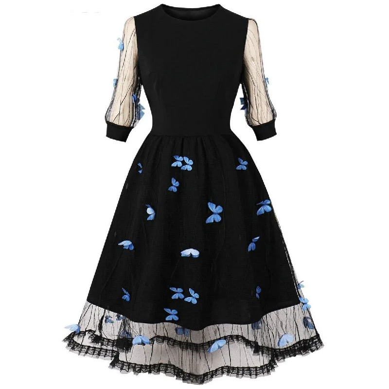 Autumn Butterfly Women Mesh Black Party Dress 60s Retro Vintage Robe Femme A-Line High Waist French Pleated Tunic Midi Dresses Best midi dresses for curvy figures Autumn Butterfly Women Mesh Black Party Dress 60s Retro Vintage Robe Femme A-Line High Waist French Pleated Tunic Midi Dresses Best midi dresses for curvy figures