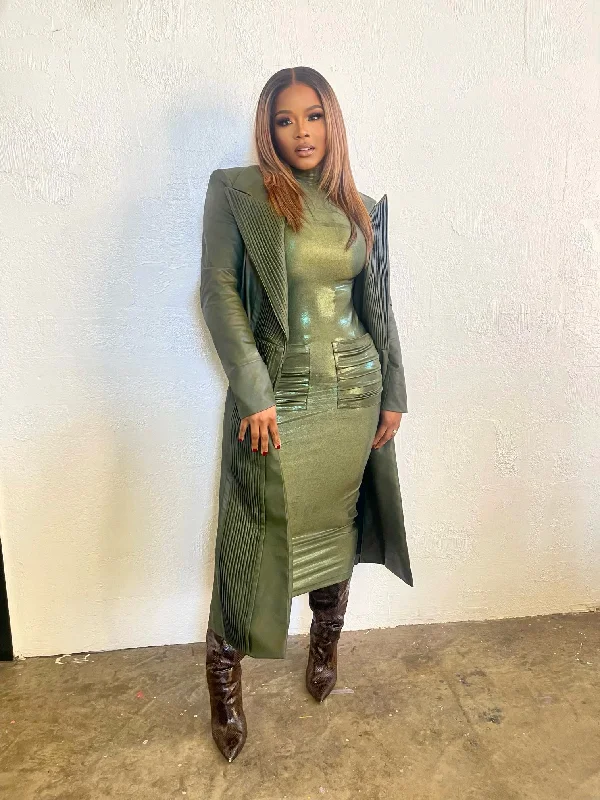 Michele Lopez Olive Green Midi Bodycon Dress with Pockets Holiday midi dresses