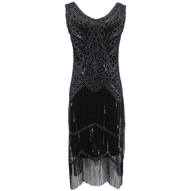 Women Party Dress Robe Charleston 1920s Great Gatsby Flapper Sequin Fringe Midi Vestido Summer Retro Black Dress Festival midi dresses