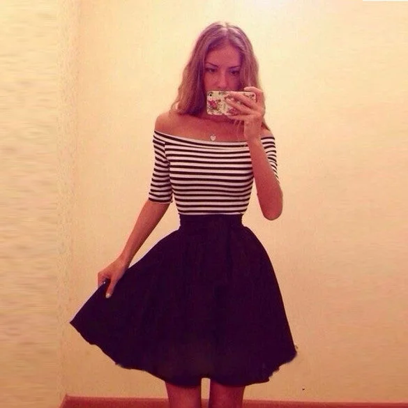 Half Sleeves Off Shoulder Stripe Stitching Short Dress--High-Waisted Mini Skirt