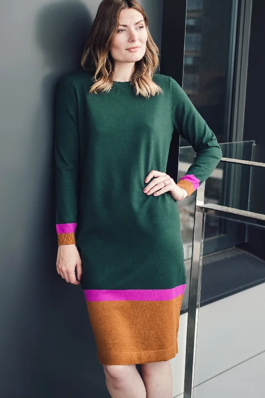 Nala Midi Knit Dress - Dark Green, Autumn Colour Block Bodycon Midi Skirt